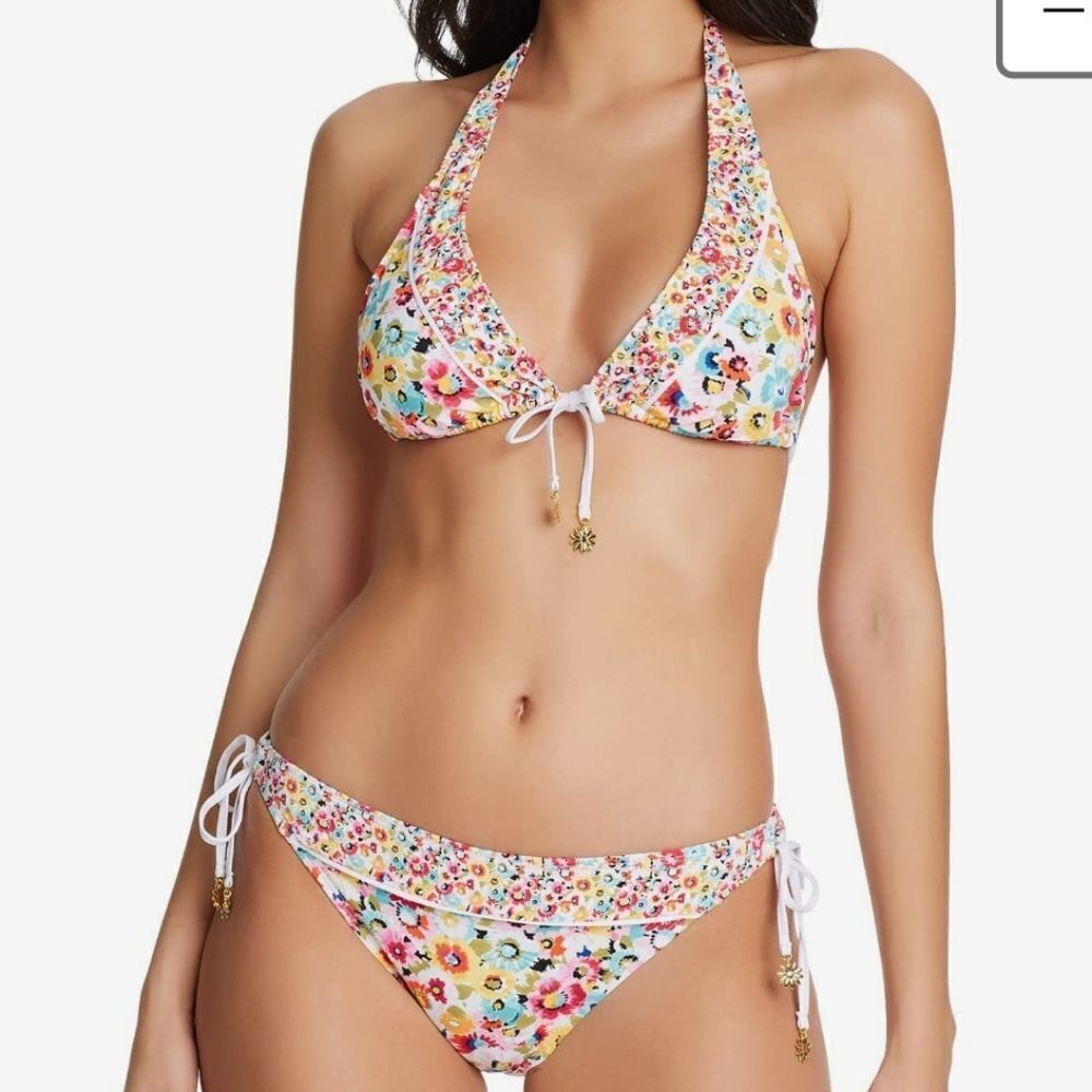Bleu Rod Beattie Flower Hour Triangle Bikini Top Side Tie Hipster Bottom…
